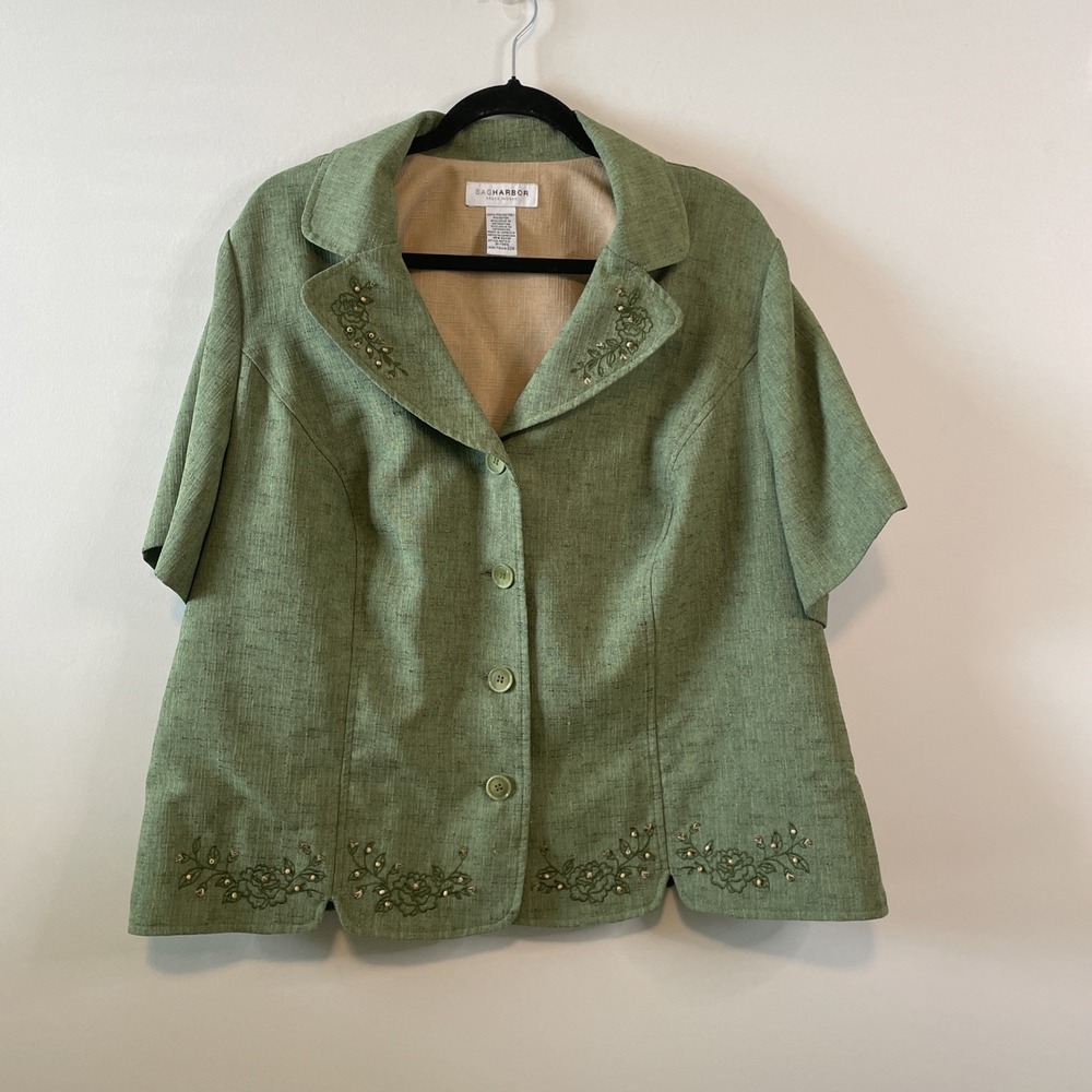 Sag Harbor 22W Sage Green Button Front Blouse Beaded Embroidered Linen Blend